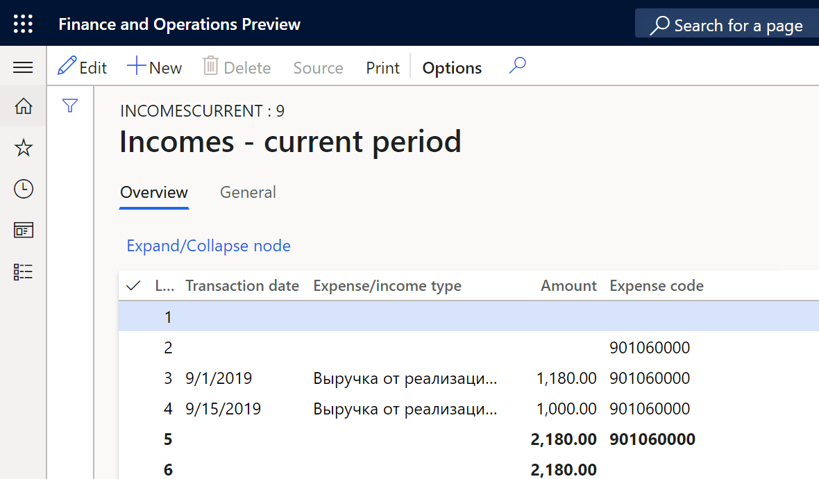 Example of the Incomes   current period register