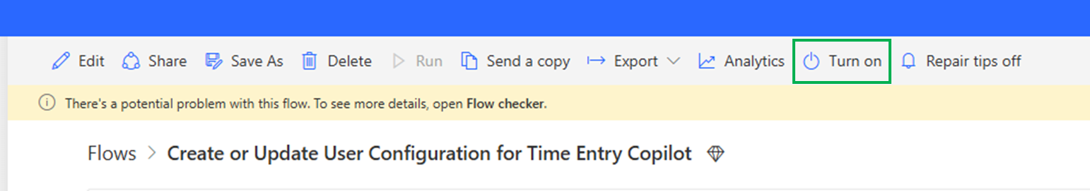 이 스크린샷은 흐름의 **켜기** 버튼을 보여줍니다.