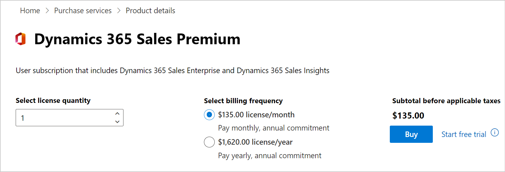 Dynamics 365 Sales Premium 라이선스 구매 페이지의 스크린샷.