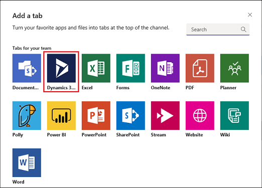 Dynamics 365 앱 팀 채널 추가.