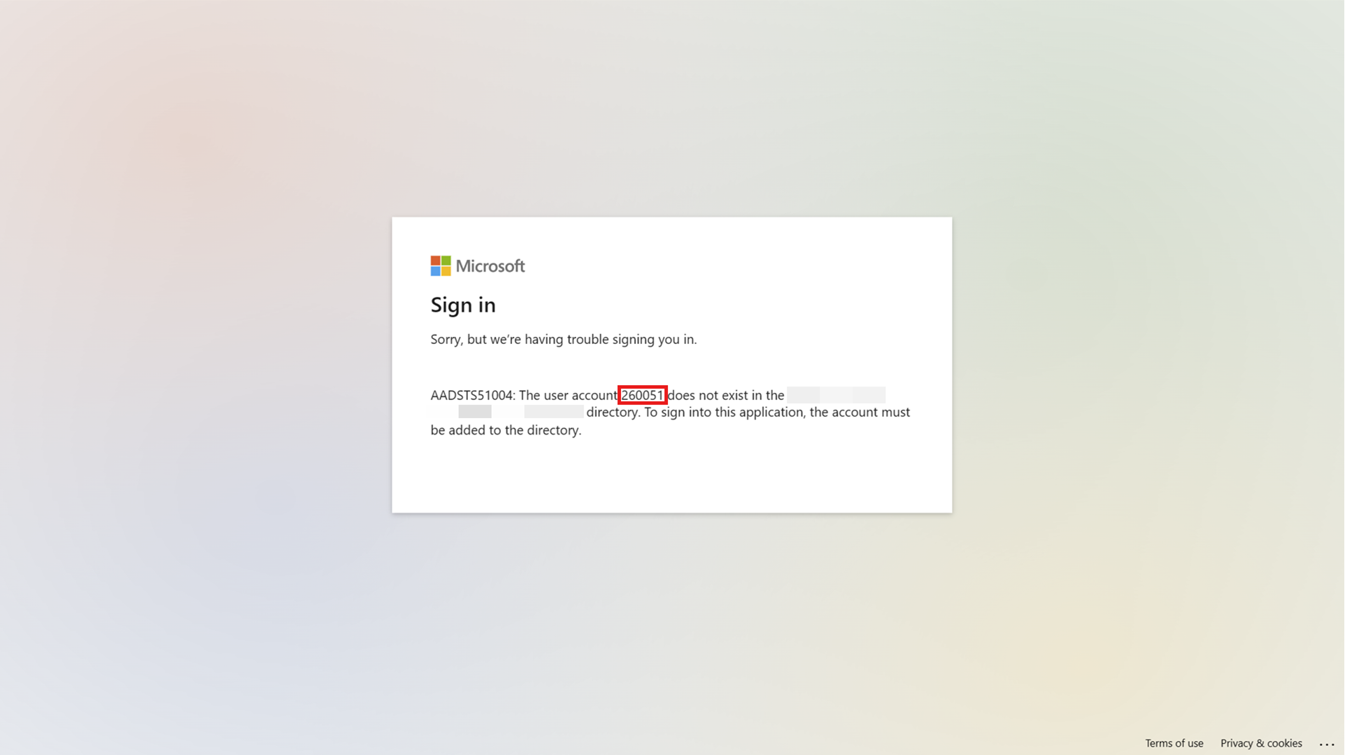 Microsoft Entra 로그인 오류의 스크린샷: ImmutableId가 일치하는 사용자를 테넌트에서 찾을 수 없습니다.