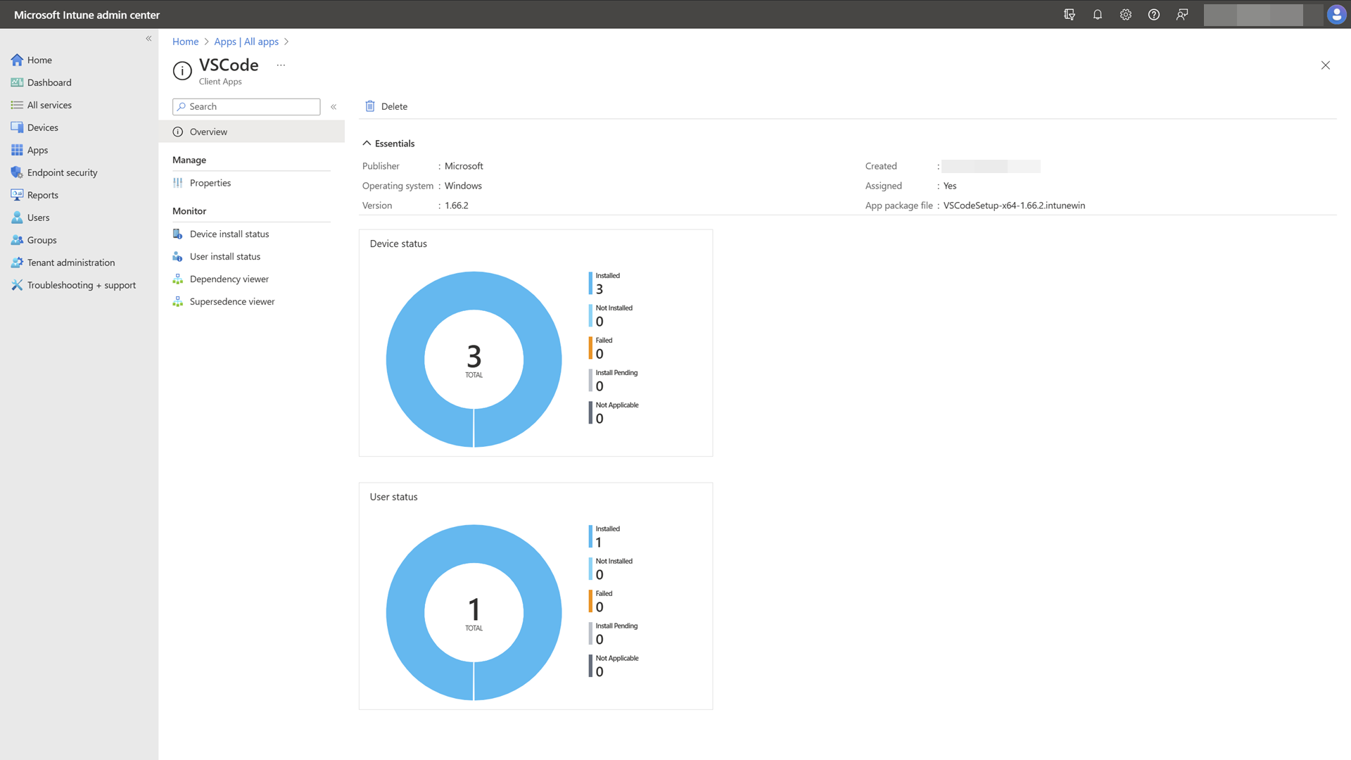 Microsoft Intune 관리 센터 - 앱 설치 세부 정보의 스크린샷