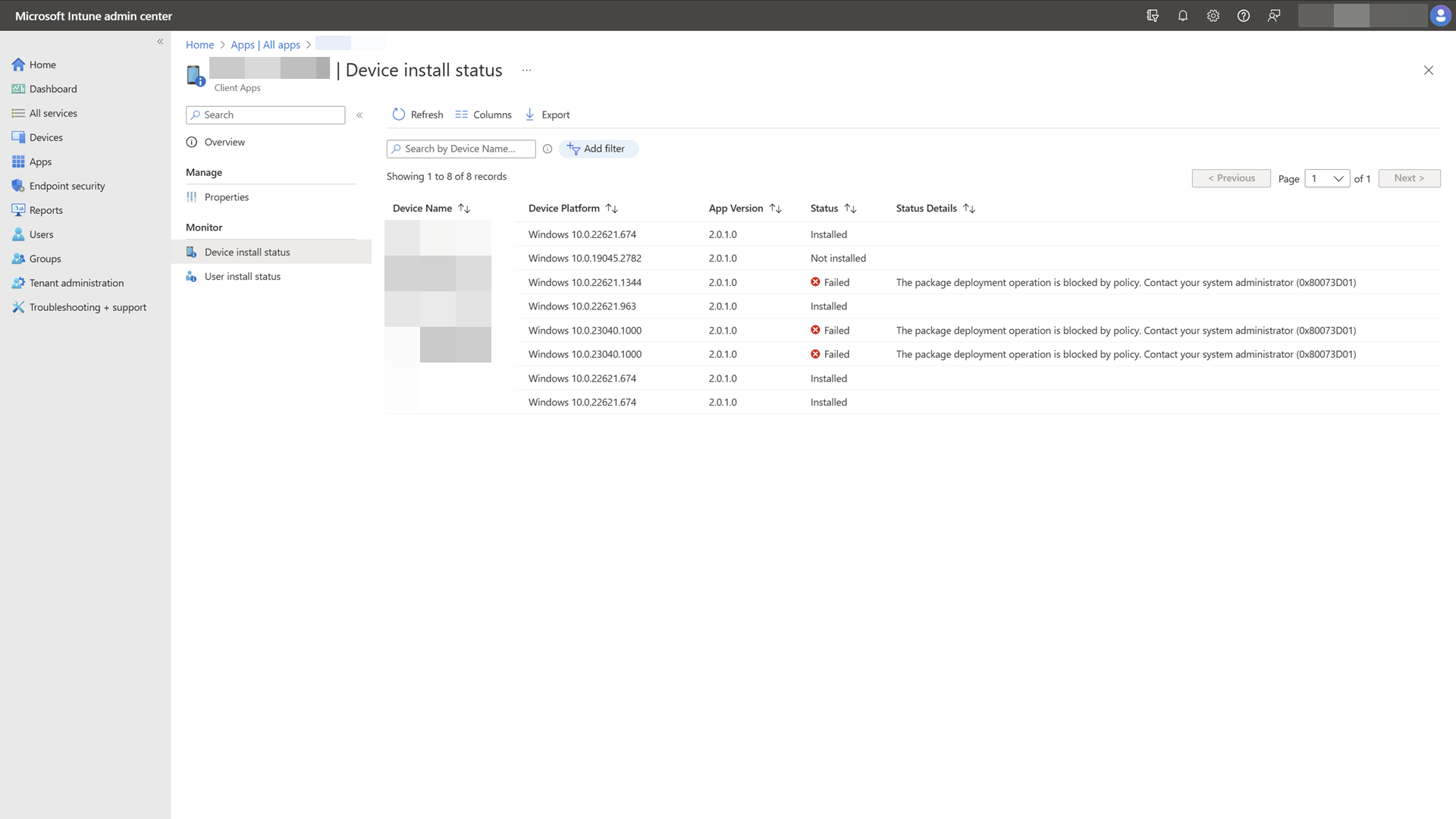 각 디바이스에 대한 Microsoft Intune 관리 센터 - 앱 설치 상태 스크린샷