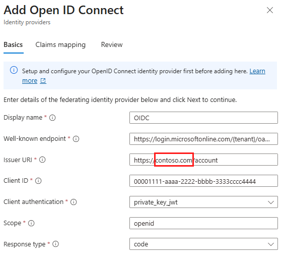 사용자 지정 OpenID Connect 구성에서 domain_hint 데 사용되는 발급자 URI 도메인 세그먼트입니다.