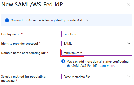 SAML 구성에서 domain_hint 데 사용되는 페더레이션 ID 공급자의 도메인 이름입니다.