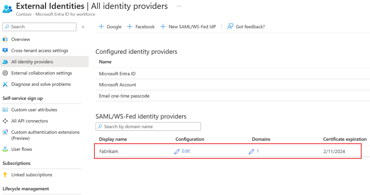 SAML WS-Fed 목록의 ID 공급자를 보여 주는 스크린샷