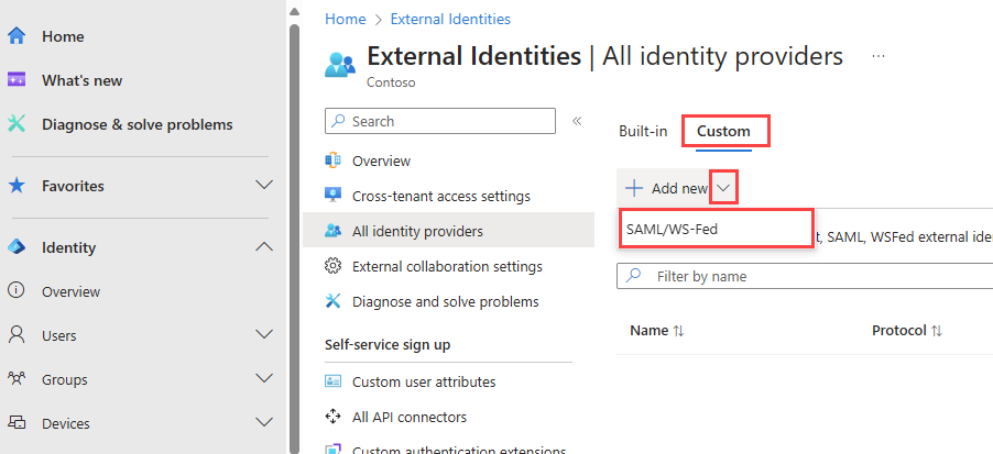 새 SAML 또는 WS-Fed IdP를 추가하는 단추를 보여 주는 스크린샷