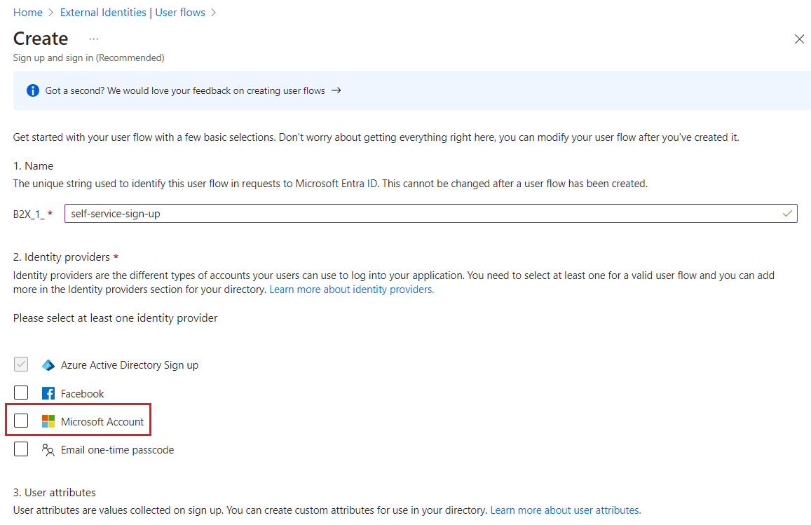 셀프 서비스 등록 사용자 흐름의 Microsoft 계정 스크린샷