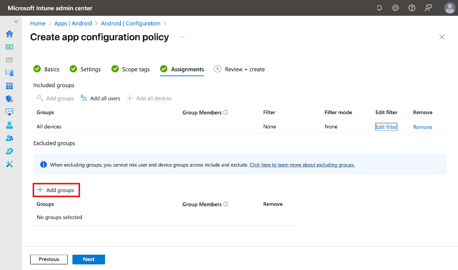 할당 탭의 앱 구성 정책 만들기 스크린샷