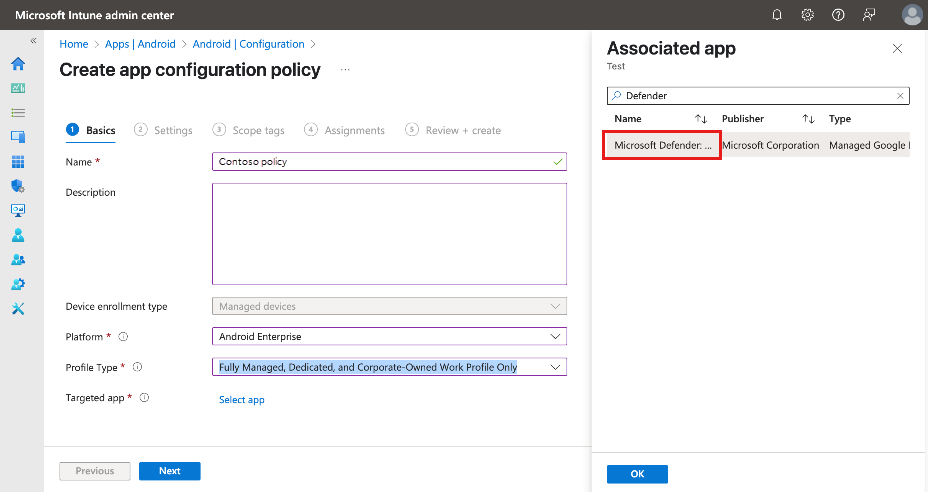 기본 사항 탭의 앱 구성 정책 만들기 스크린샷