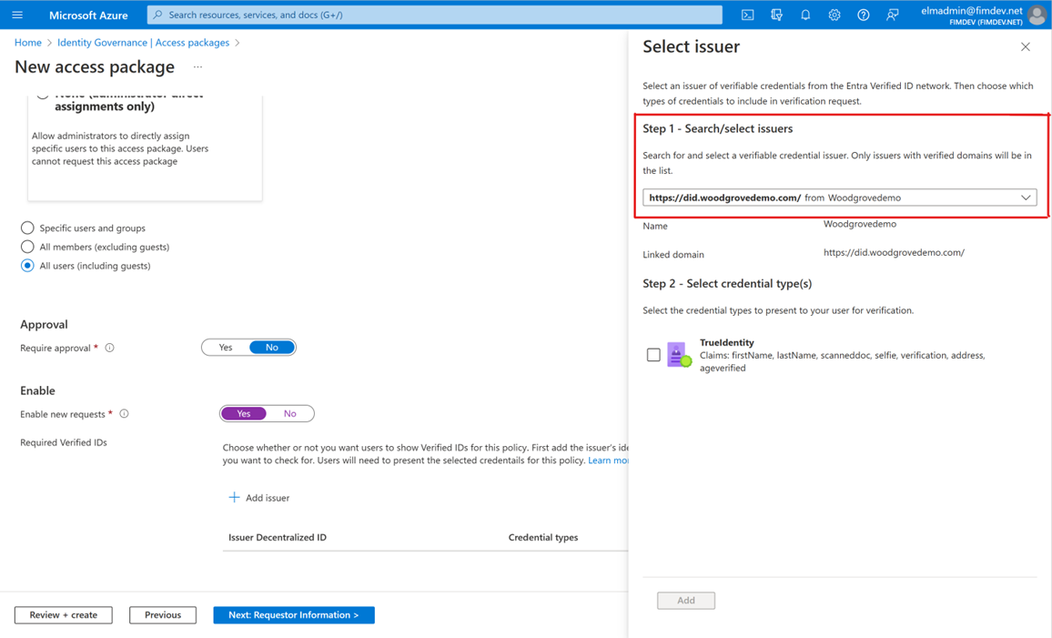 Microsoft Entra Verified ID 발급자를 선택합니다.