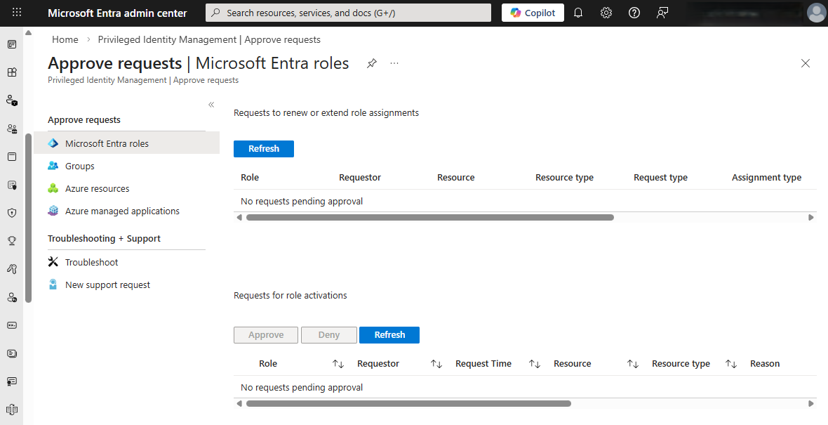 Microsoft Entra 역할 검토 요청을 보여 주는 승인 요청 페이지의 스크린샷.