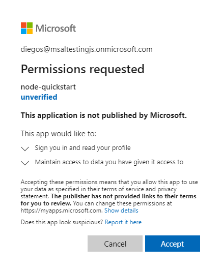 Microsoft Entra 동의 화면 표시