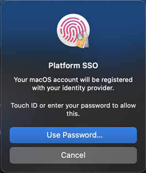 플랫폼 Single Sign-On을 사용하여 사용자가 자신의 ID 공급자에 macOS 계정을 등록하라는 팝업 창의 예를 보여 주는 스크린샷.
