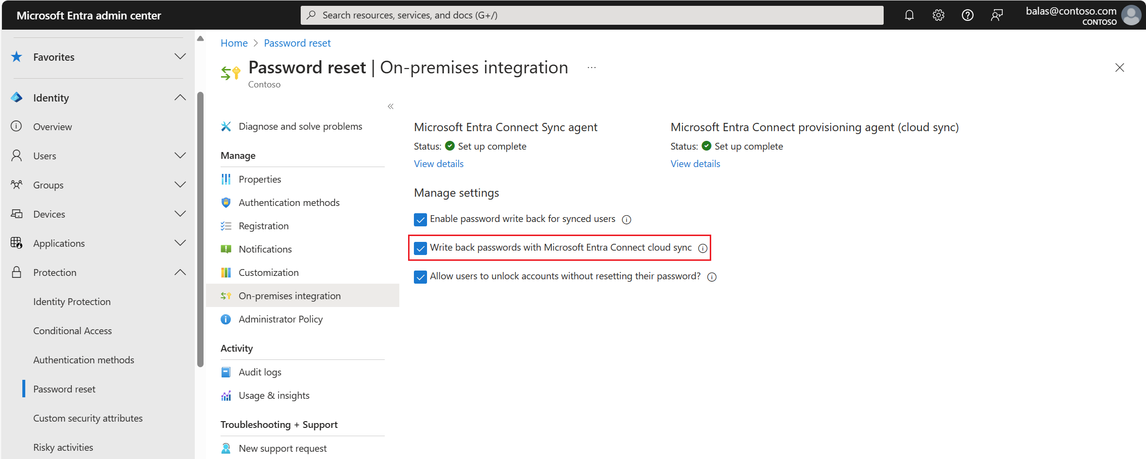 Microsoft Entra ID를 온-프레미스 통합에 사용하도록 설정된 비밀번호 쓰기 저장 스크린샷.