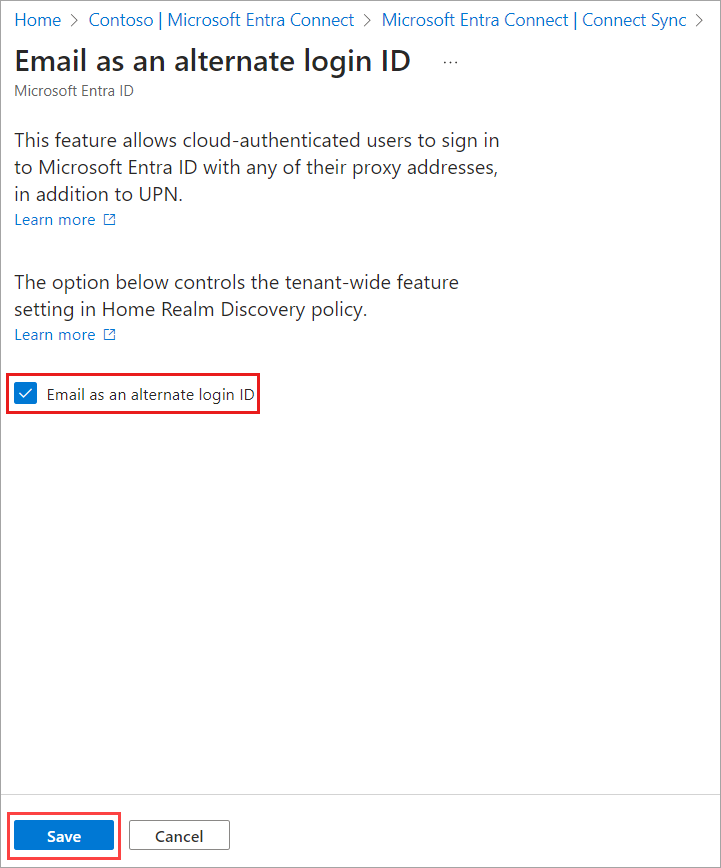 Screenshot of email as alternate login ID blade in the Microsoft Entra admin center.