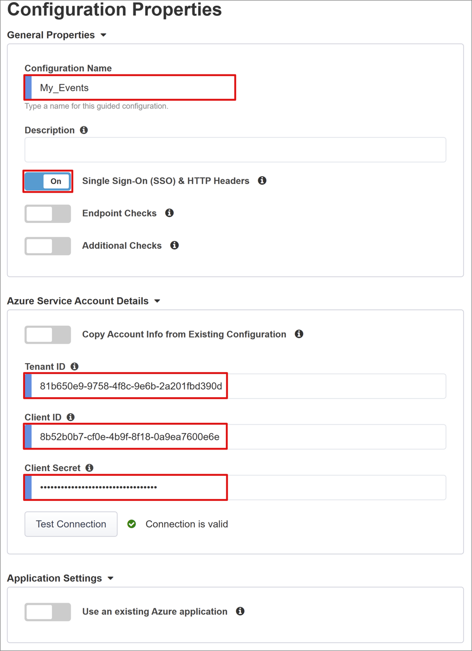 구성 속성의 일반 속성 및 Azure 서비스 계정 세부 정보에 대한 항목의 스크린샷.