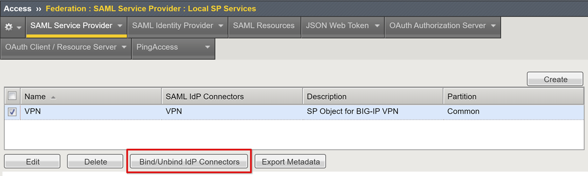 로컬 SP 서비스 페이지의 바인딩 바인딩 해제 IDP 연결 옵션의 스크린샷.