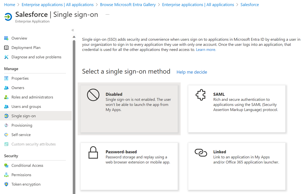 Screenshot of the SAML option on Single sign-on.