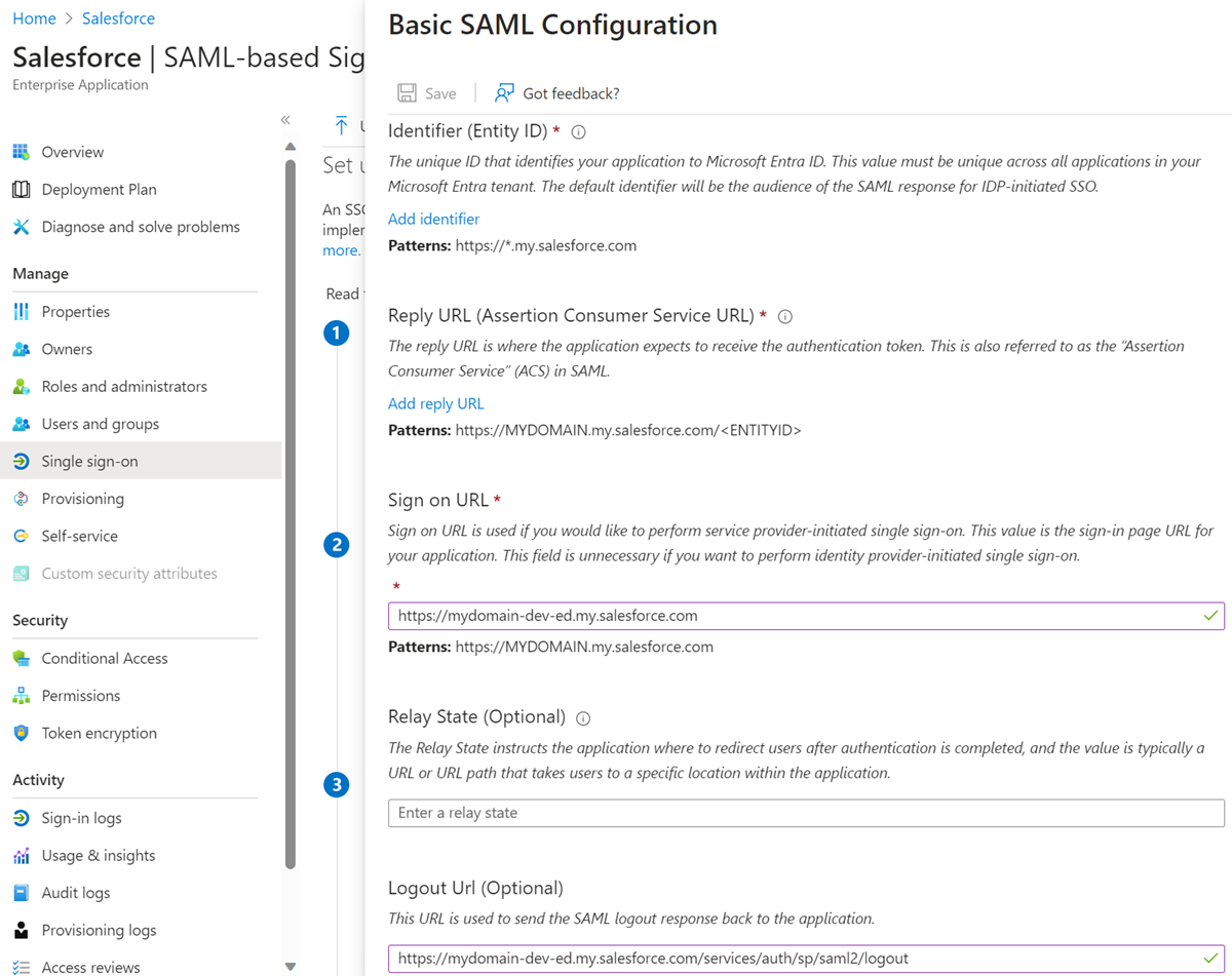 Screenshot of entries for SAML-based sign-on, and Basic SAML Configuration.