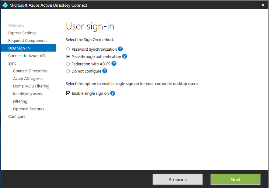 Single Sign On 사용이 선택된 Microsoft Entra Connect의 사용자 로그인 페이지를 보여 주는 스크린샷