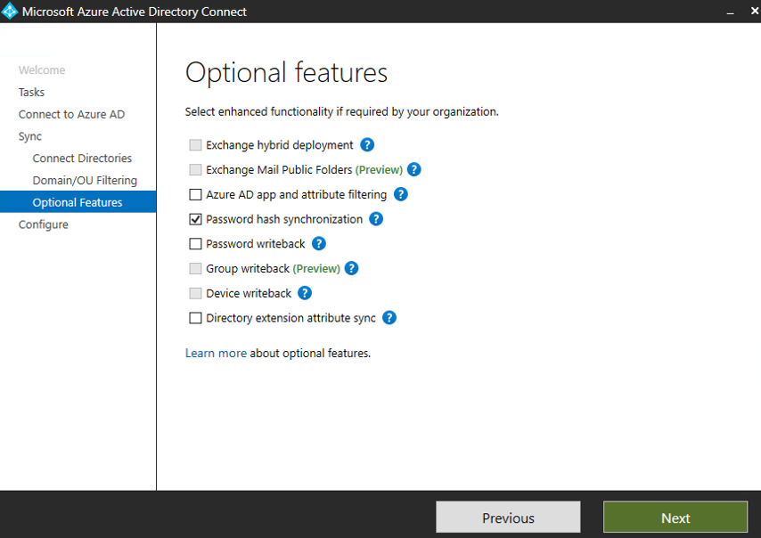 Screenshot that shows the Optional features pane, with Password hash synchronization selected.