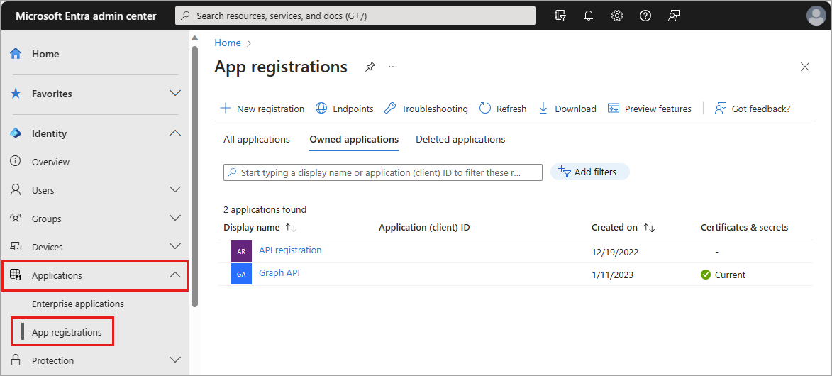 Microsoft Entra 앱 등록 페이지의 스크린샷.
