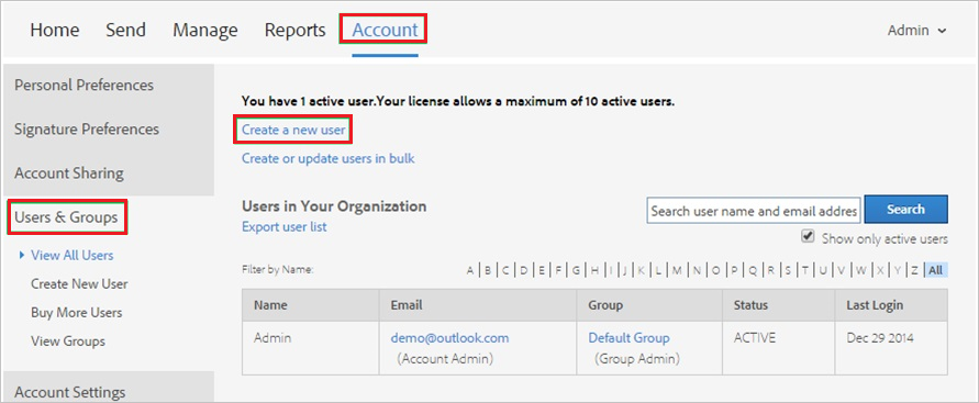 어카운트 계정, 사용자 및 그룹, 새 사용자 만들기가 강조 표시된 Adobe Sign 회사 사이트의 스크린샷