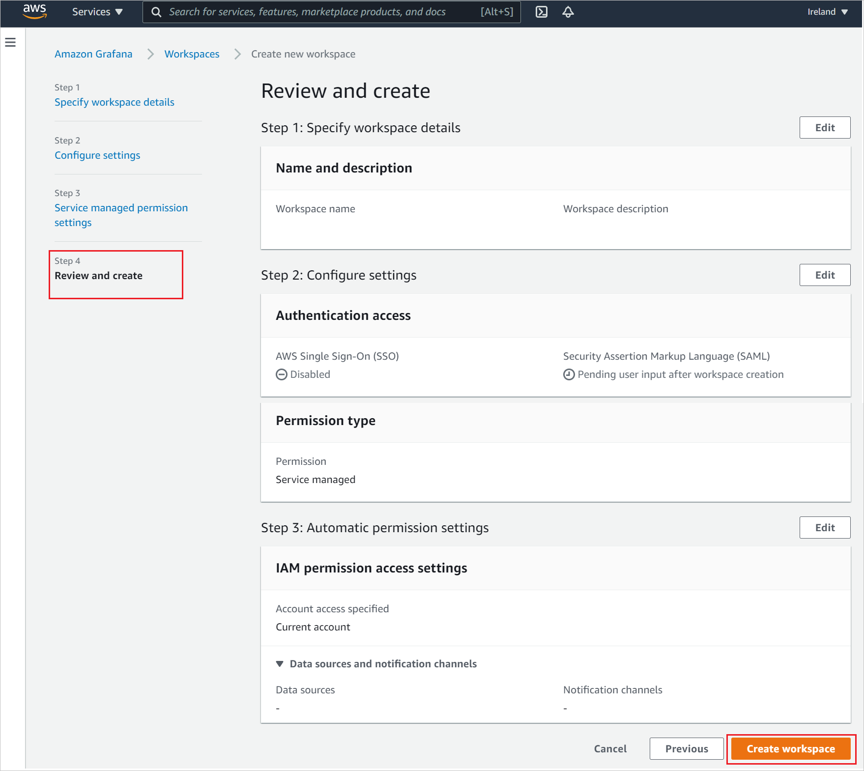 작업 영역 만들기 검토 및 만들기 페이지를 보여주는 스크린샷.