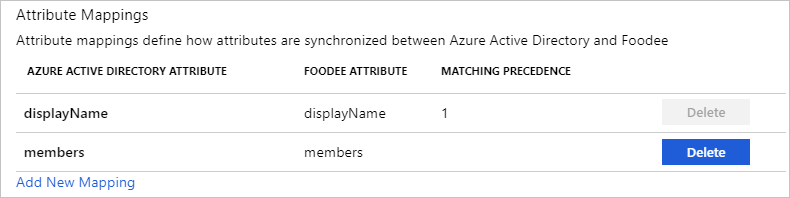 특성 매핑 페이지의 스크린샷. 테이블에 Microsoft Entra 특성, Foodee 특성 및 일치하는 우선 순위가 나열되어 있습니다.