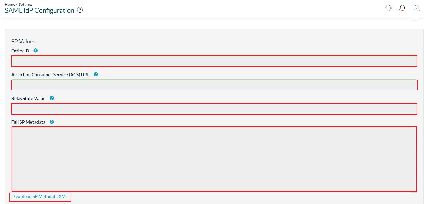 SAML IdP 구성 페이지를 보여 주는 스크린샷.