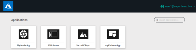 MyHeaderApp, SSH Secure, SecretRDPApp 및 myKerberosApp 아이콘을 보여주는 애플리케이션 화면의 스크린샷