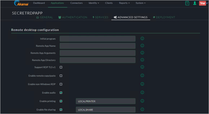 Remote desktop configuration(원격 데스크톱 구성) 설정을 보여주는 SECRETRDPAPP의 Akamai EAA 콘솔 Advanced Settings(고급 설정) 탭의 스크린샷