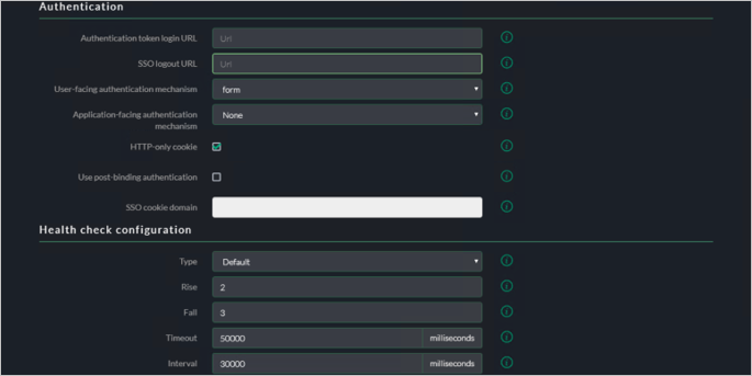 Authentication(인증) 및 Health check configuration(상태 검사 구성) 설정을 보여주는 SECRETRDPAPP의 Akamai EAA 콘솔 Advanced Settings(고급 설정) 탭의 스크린샷