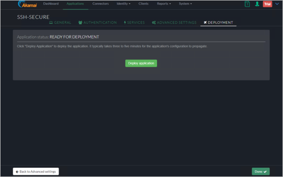 Deploy application(애플리케이션 배포) 단추를 보여주는 SSH-SECURE의 Akamai EAA 콘솔 Deployment(배포) 탭의 스크린샷