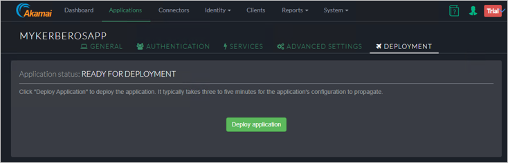 Deploy application(애플리케이션 배포) 단추를 보여주는 MYKERBOROSAPP의 Akamai EAA 콘솔 Deployment(배포) 탭의 스크린샷