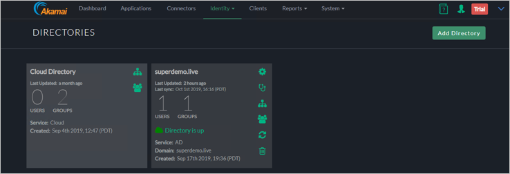 superdemo.live 디렉터리가 추가되었음을 보여주는 Akamai EAA 콘솔 Directories(디렉터리) 창의 스크린샷