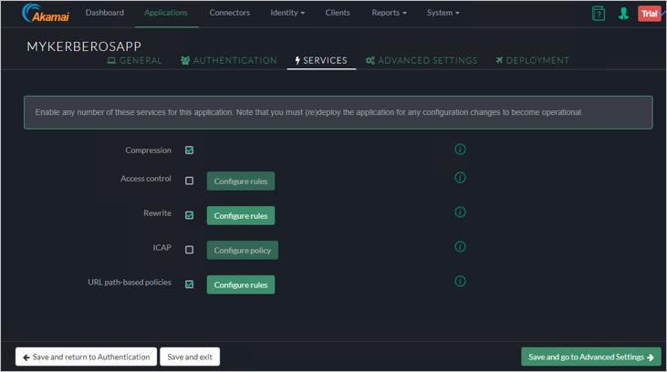 MYKERBOROSAPP의 Akamai EAA 콘솔 Services(서비스) 탭의 스크린샷