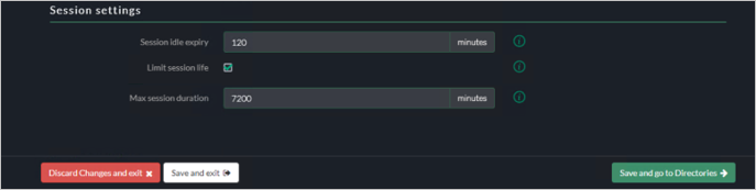 Akamai EAA 콘솔 Session settings(세션 설정) 대화 상자의 스크린샷