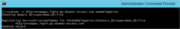 setspn -s Http/corpapps.login.go.akamai-access.com eaadelegation 명령의 결과를 보여주는 관리자 명령 프롬프트의 스크린샷