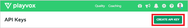 Playvox 사용자 인터페이스에서 API 키 만들기 단추의 위치를 보여 주는 부분 스크린샷