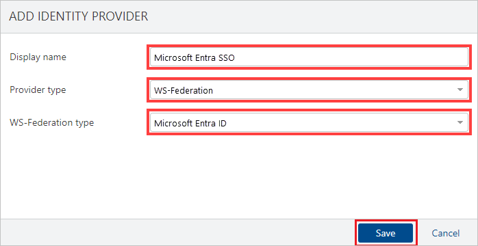 스크린샷은 설명된 값을 입력할 수 있는 ADD IDENTITY PROVIDER 섹션을 보여줍니다.