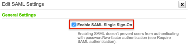스크린샷은 SAML Single Sign-On 사용을 선택할 수 있는 SAML 설정 편집을 보여줍니다.