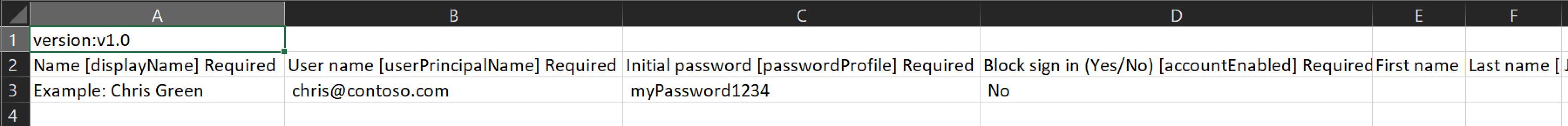 만들 사용자의 이름과 ID가 포함된 CSV 파일의 예를 보여 주는 스크린샷.