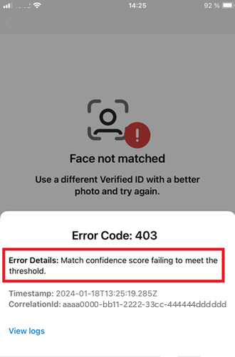 낮은 신뢰도 점수가 필요한 임계값을 충족하지 못해 Face Check가 실패했음을 보여 주는 Microsoft Authenticator 오류 메시지의 스크린샷