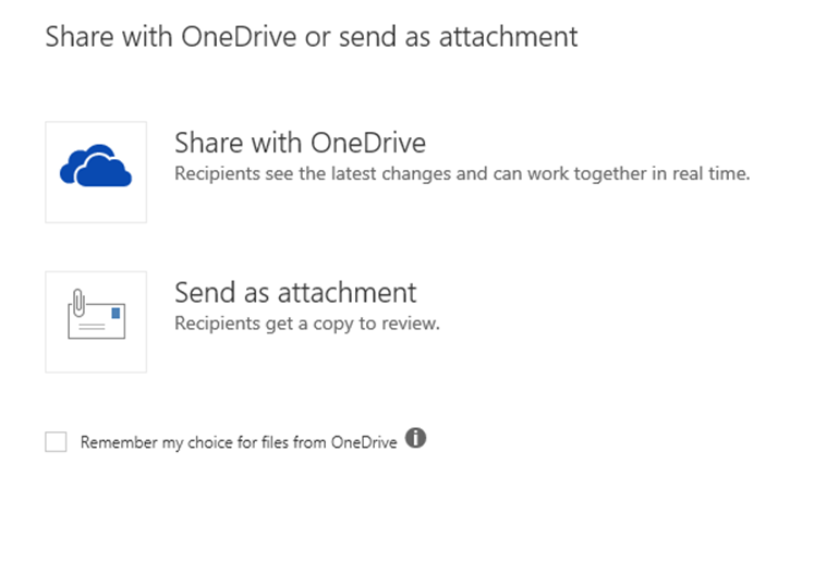 첨부 파일 옵션 대화 상자, OneDrive와 공유 또는 첨부 파일로 보내기.