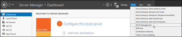서버 관리자 도구 > AD FS 관리를 선택합니다.