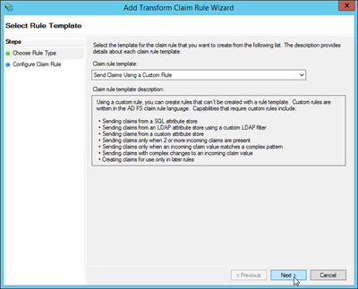 변환 클레임 규칙 추가 마법사의 규칙 템플릿 선택 페이지에서 사용자 지정 규칙을 사용하여 클레임 보내기를 선택합니다.
