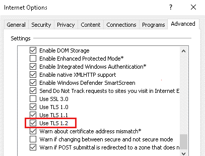 인터넷 옵션 창에서 사용하도록 설정된 TLS 1.2 옵션의 스크린샷
