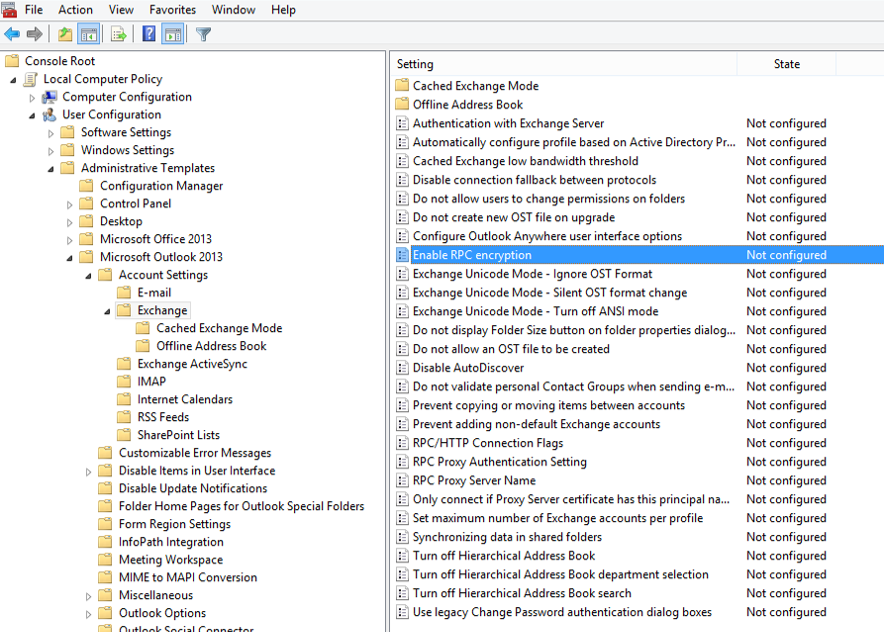 Outlook 2013 아래의 Exchange 노드가 선택된 스크린샷.